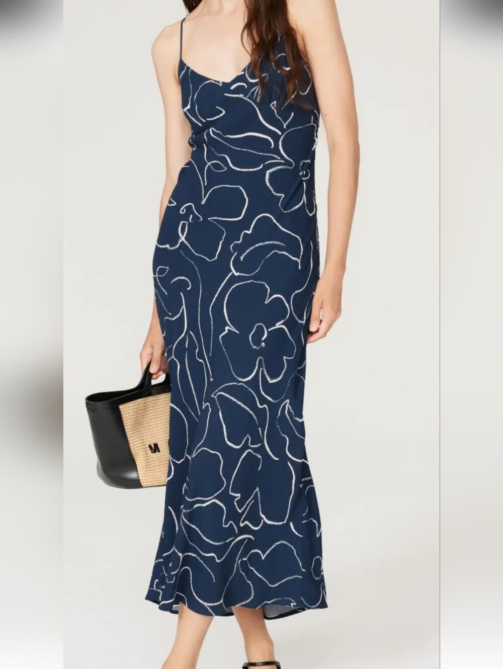 Madewell Navy Maxi Slip Dress with White Floral Line Print